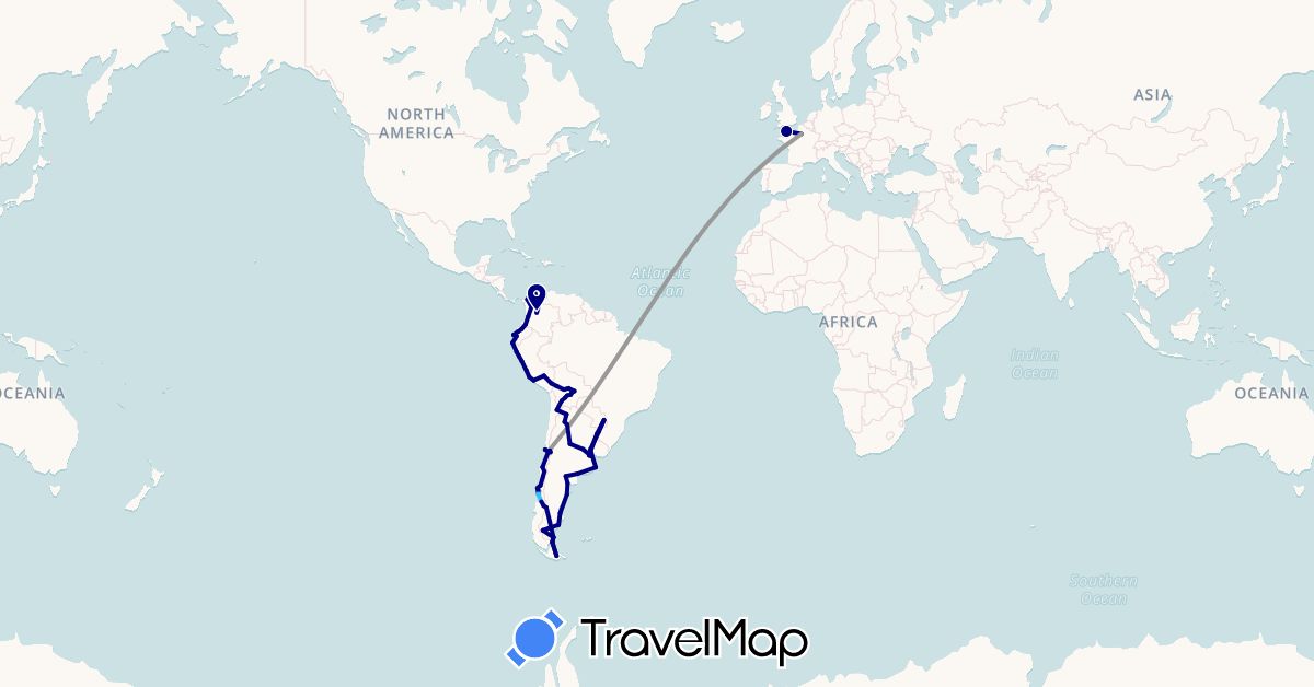 TravelMap itinerary: driving, plane, boat in Argentina, Bolivia, Chile, Colombia, Ecuador, France, Peru (Europe, South America)